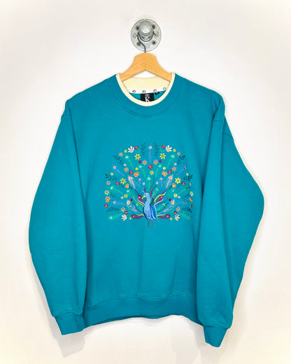 Vintage 2000s Turquoise Peacock Flower Embroidered Crewneck Sweatshirt