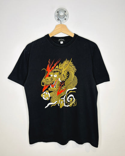 Vintage Japan Shine Dragon Flaky Gold Print Black Shirt