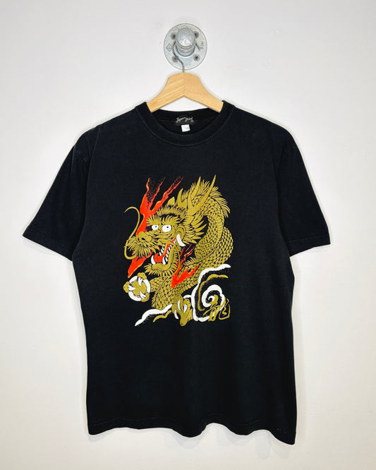 Vintage Japan Shine Dragon Flaky Gold Print Black Shirt