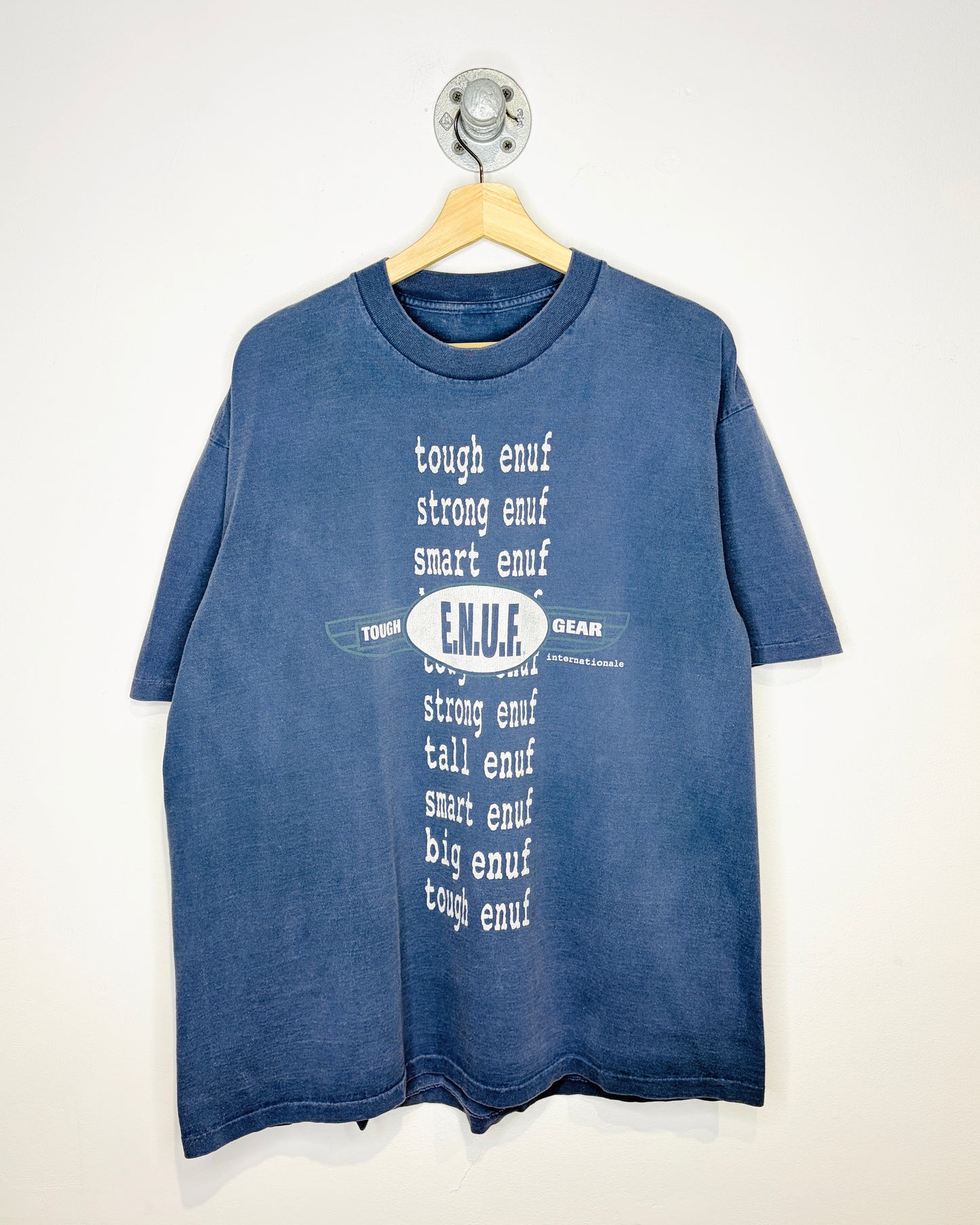 Vintage 90s ENUF Tough Gear Faded Blue Tee Shirt