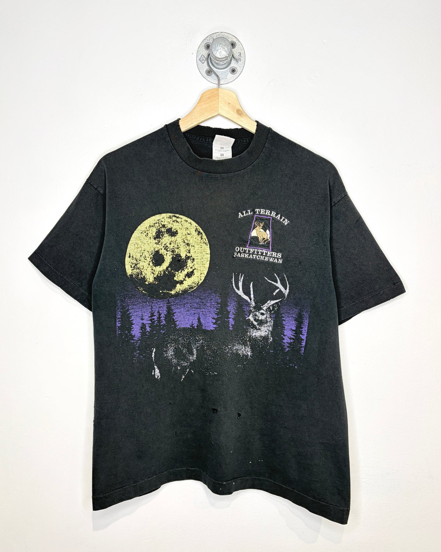 Vintage 90s All Terrain Outfitters Saskatchewan Faded & Distressed Black Tee Shirt