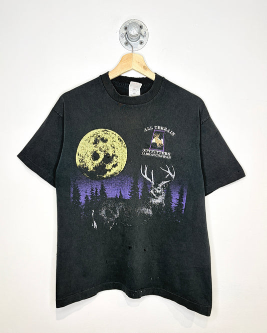 Vintage 90s All Terrain Outfitters Saskatchewan Faded & Distressed Black Tee Shirt