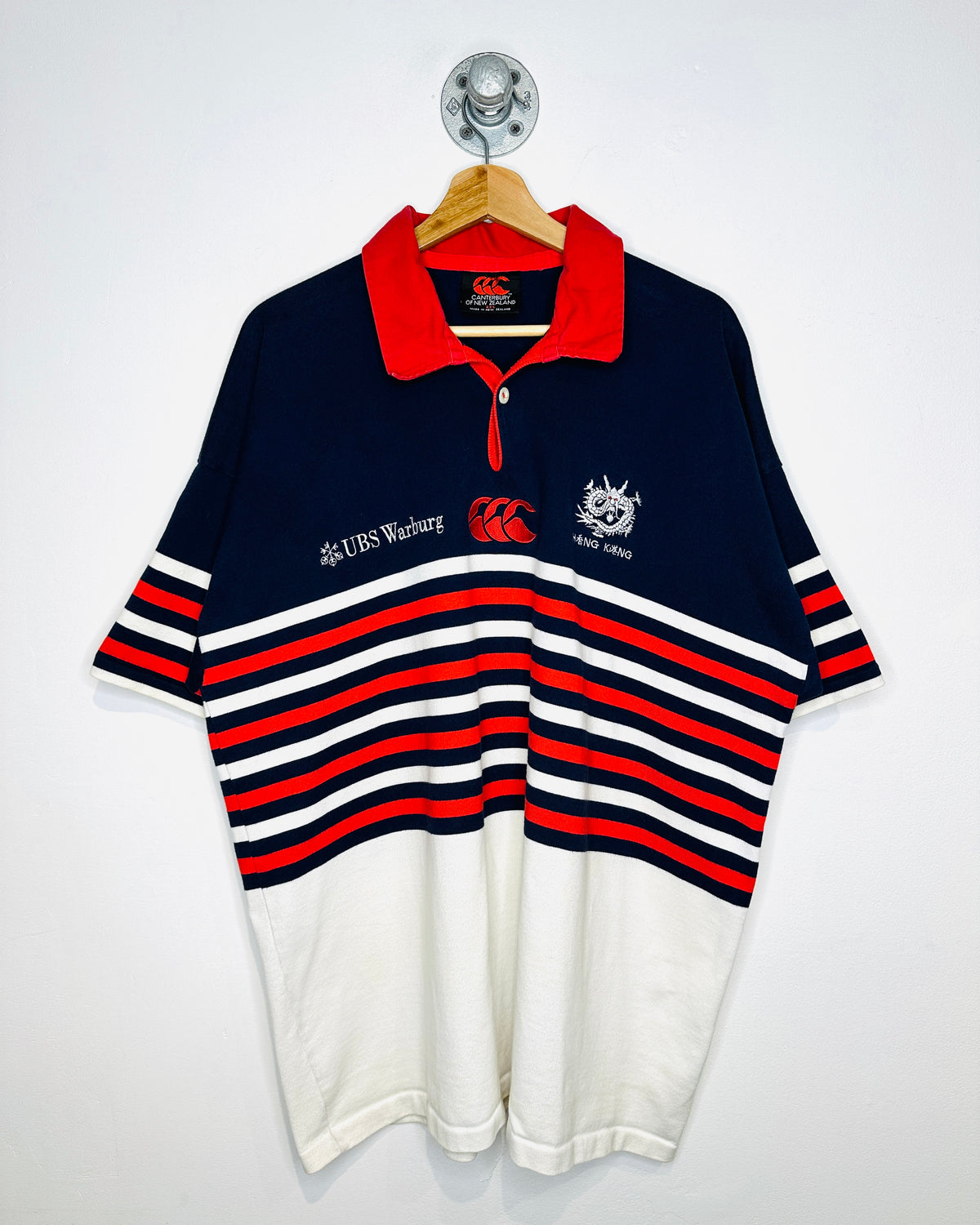 Vintage 1990s UBS Warburg Hong Kong Navy And Stripes Short Sleeve Polo Shirt