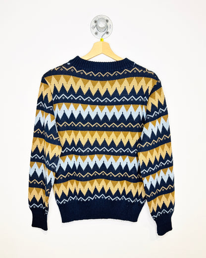 Vintage 1980’s Made In Romania Acrylic Blue And Brown Aztec Sweater