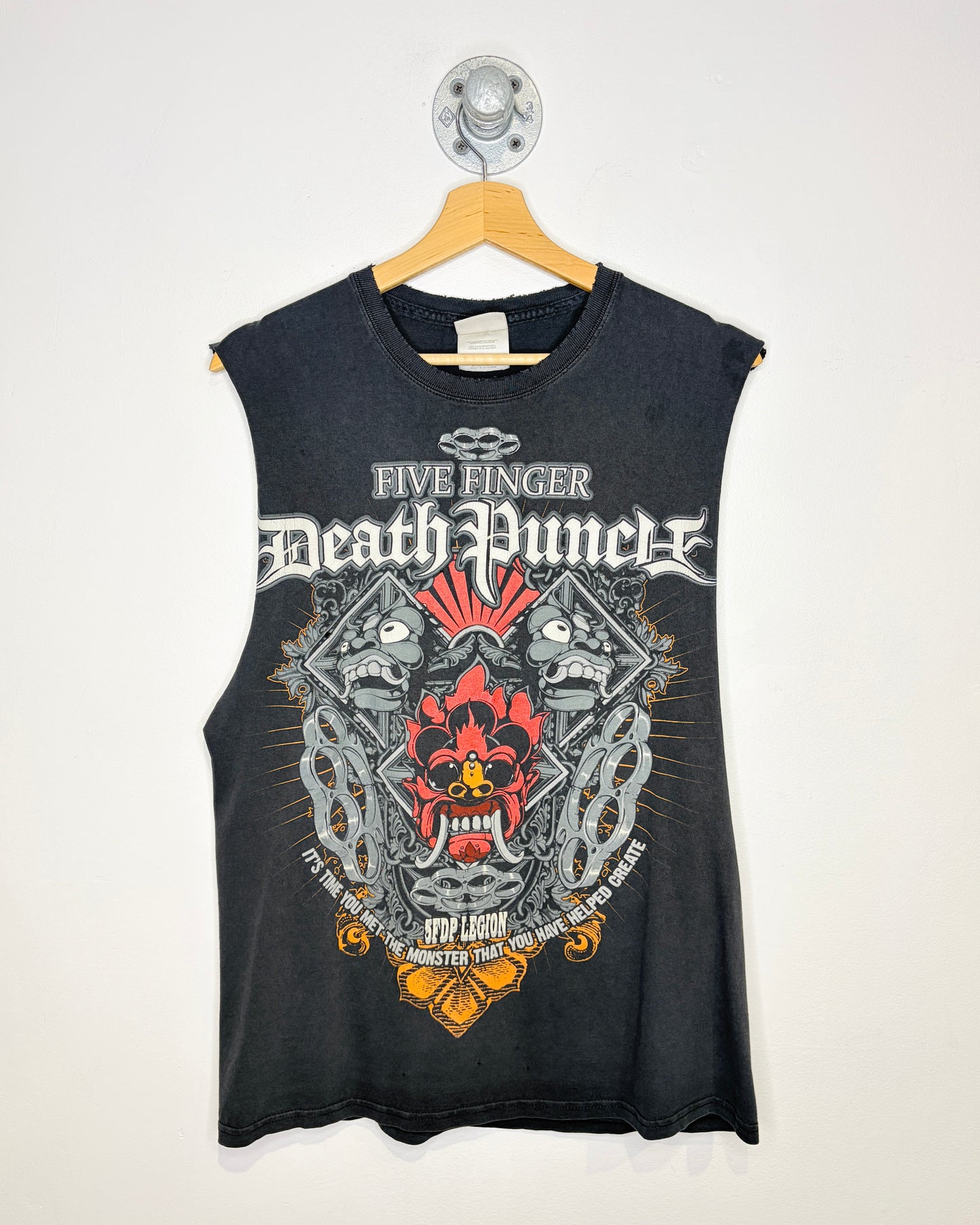 2000s Five Finger Death Punch Faded Black Cut Off Tank Top