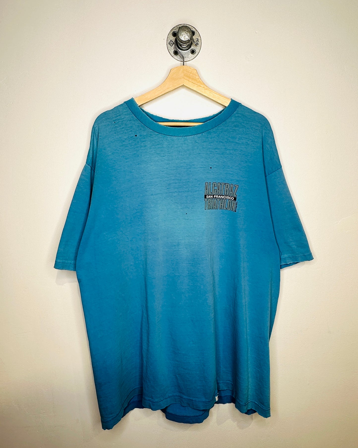Vintage 90s Alcatraz Triathlon Distressed Blue Tee Shirt