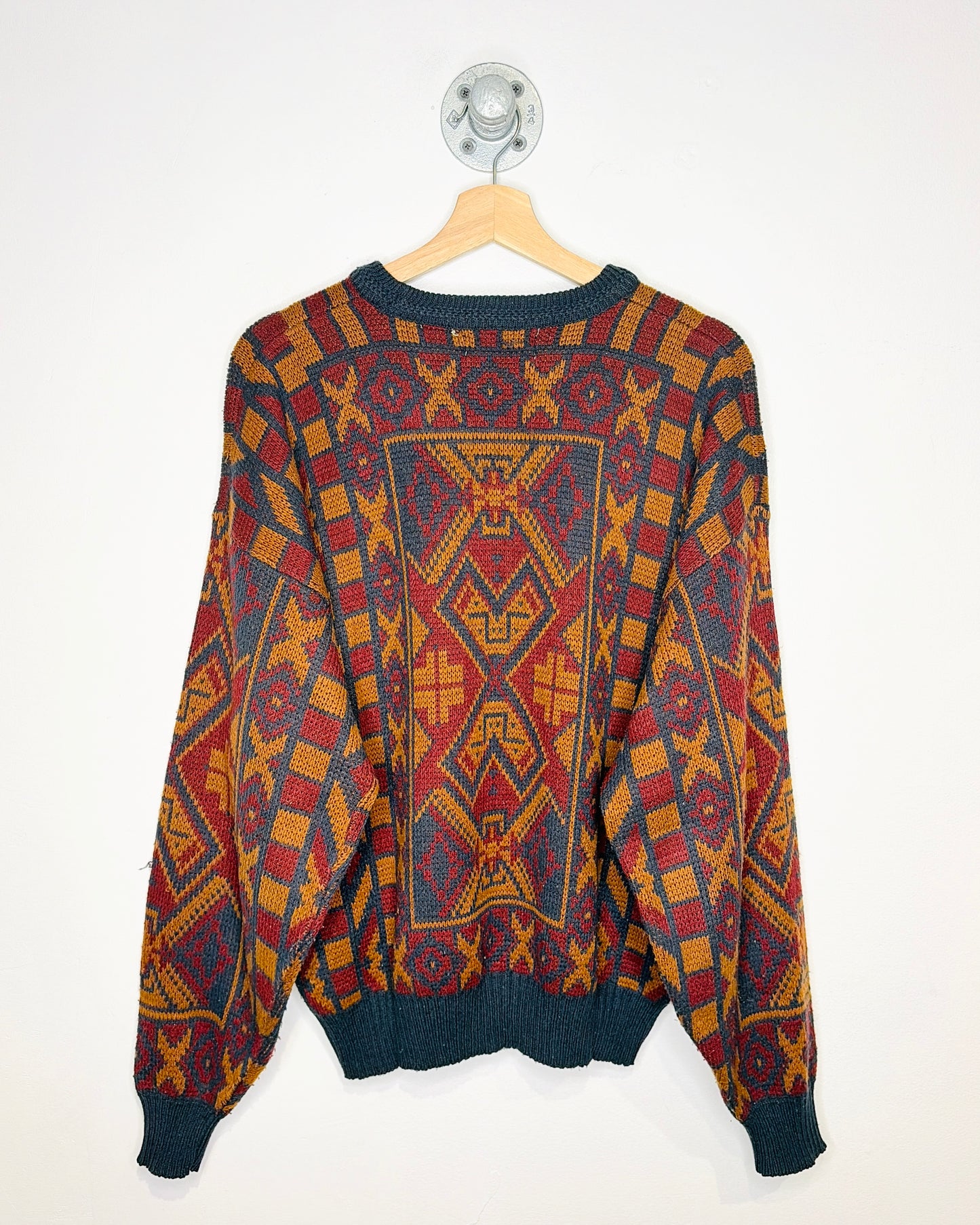 Vintage 1980s Celebrity Club Burgundy And Brown Geometric Patterned Sweater
