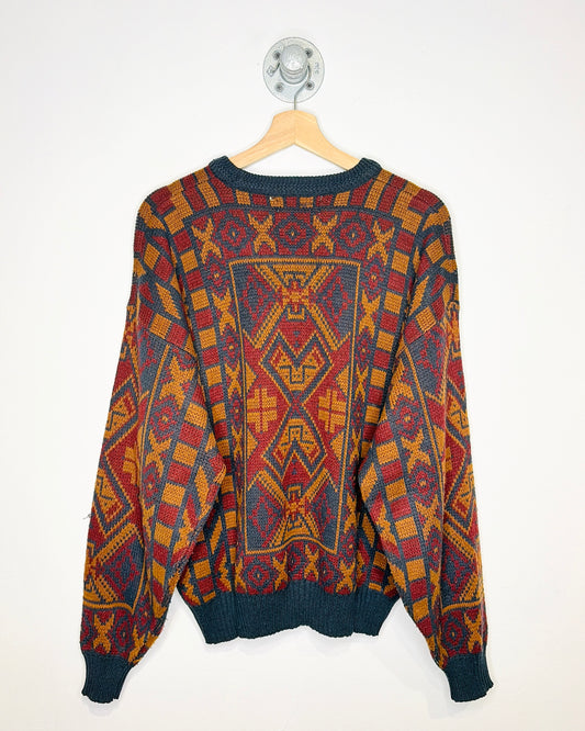 Vintage 1980s Celebrity Club Burgundy And Brown Geometric Patterned Sweater