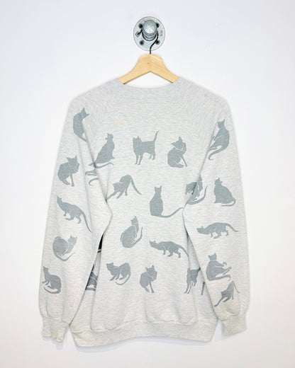 Vintage 90s Cats All Over Print Grey Raglan Crewneck Sweatshirt