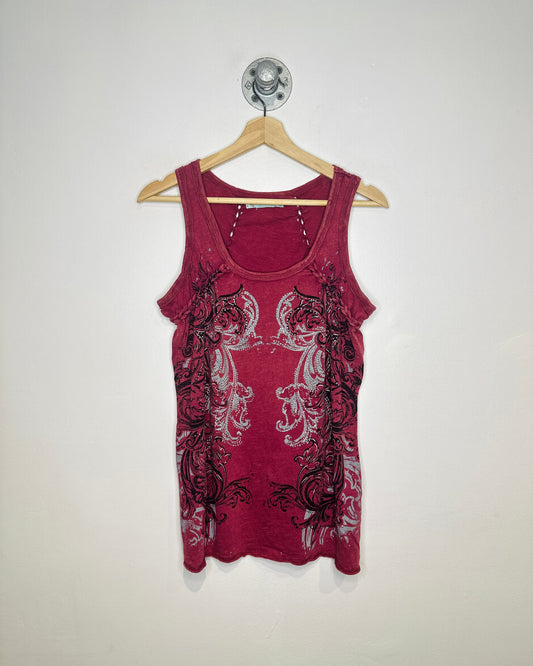 2000s Affliction Inspired Rhinestone And Braided Burgundy Tank Top