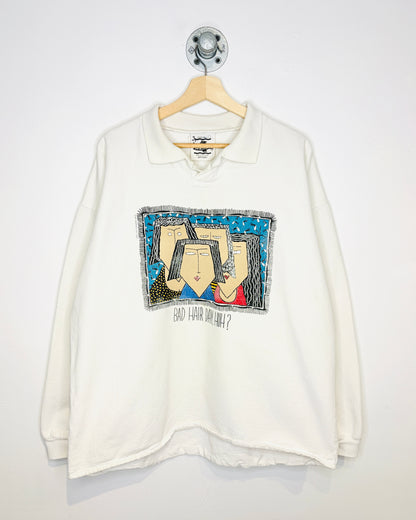 Vintage 1993 “Bad Hair Day, Huh?” White Collared Sweatshirt