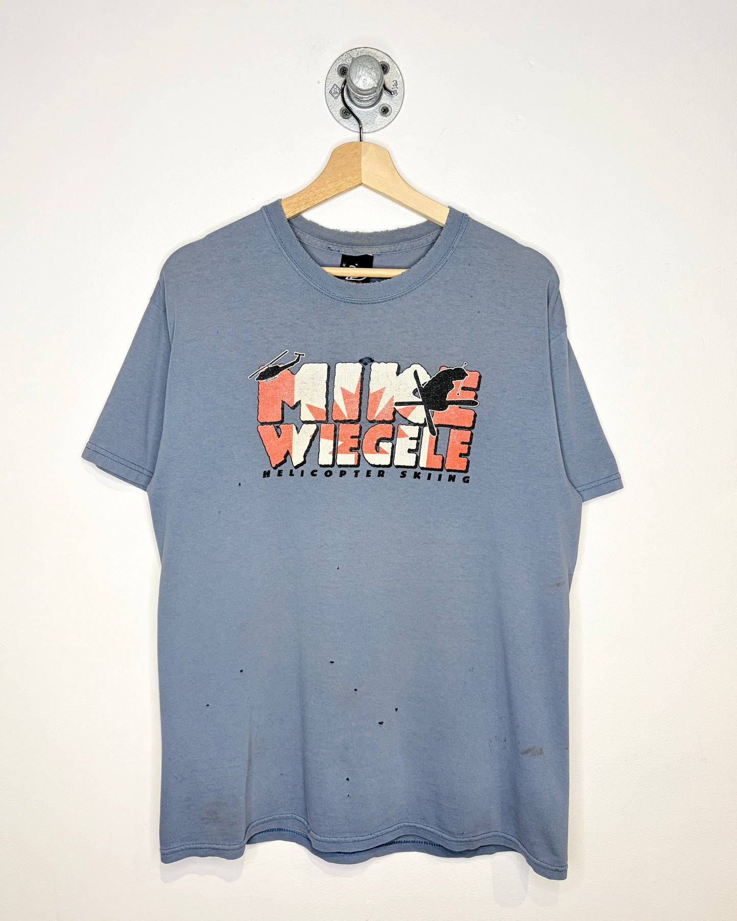 Vintage Mike Wiegele Helicopter Skiing Thrashed Slate Blue Tee Shirt