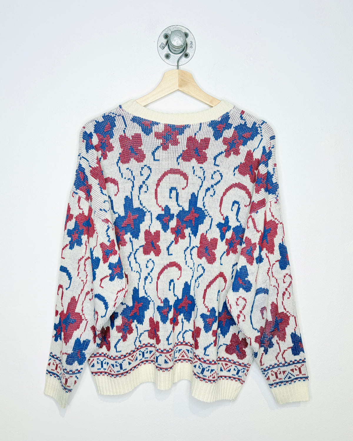 Vintage 90s White, Blue & Red Abstract Knit Sweater