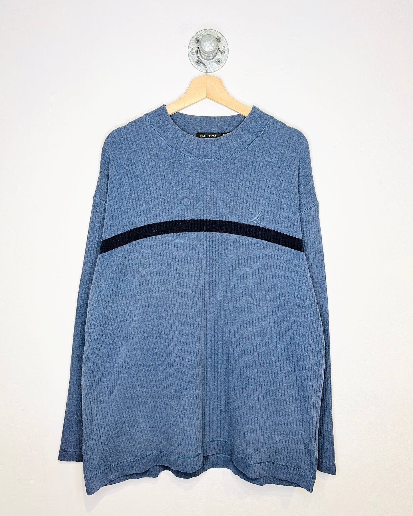Nautica 2010s Blue Ribbed Mock Neck Long sleeve Cotton Shirt