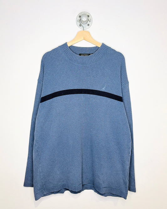 Nautica 2010s Blue Ribbed Mock Neck Long sleeve Cotton Shirt