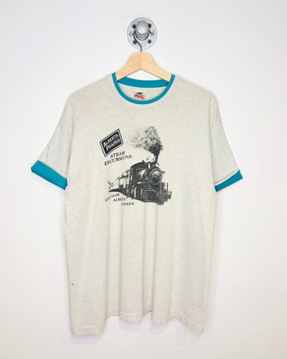 Vintage 90s Stettler Alberta Steam Excursions TwoTone Grey Tee Shirt
