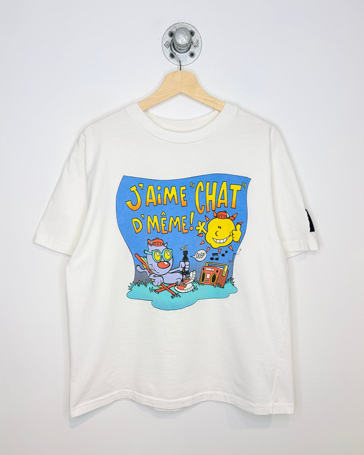 Vintage 1990s Humeur Design J’Aime “Chat” D’ Meme! White Graphic Print Tee Shirt