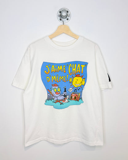 Vintage 1990s Humeur Design J’Aime “Chat” D’ Meme! White Graphic Print Tee Shirt