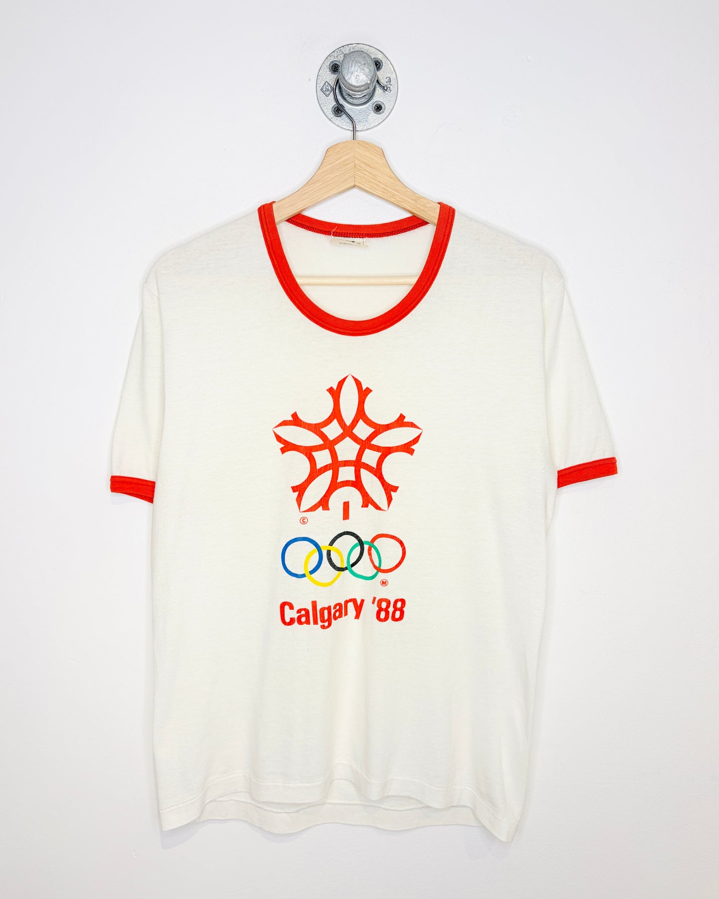 Vintage 1988 Calgary Olympics White & Red Ringer Tee Shirt
