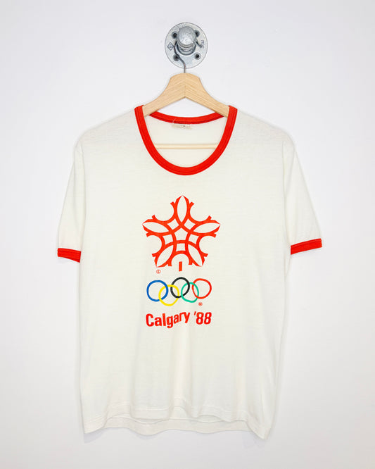 Vintage 1988 Calgary Olympics White & Red Ringer Tee Shirt