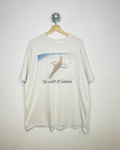 Vintage 2000s The Wilds Of Canada Moose Print Cream Tee Shirt
