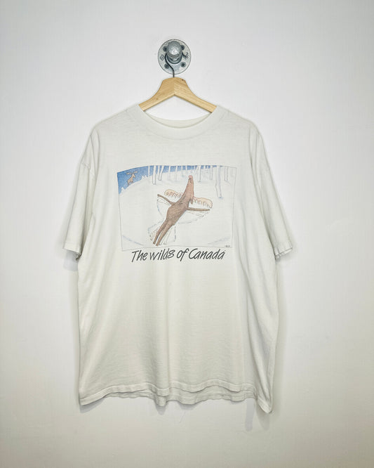 Vintage 2000s The Wilds Of Canada Moose Print Cream Tee Shirt