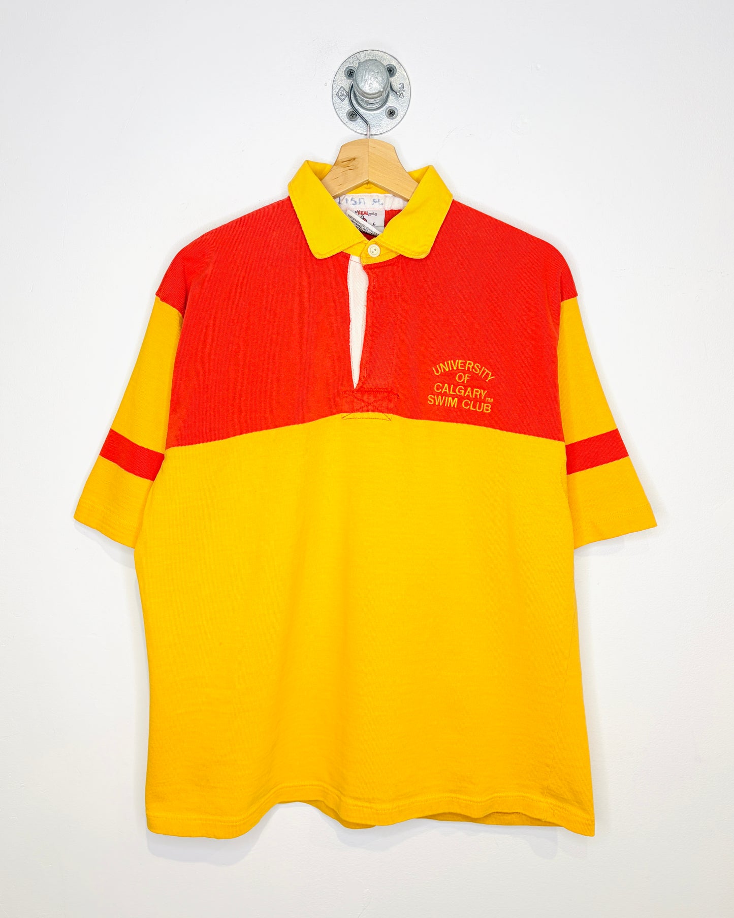 Vintage 90s Barbarian University Of Calgary Swim Club TwoTone Red & Yellow Rugby Shirt
