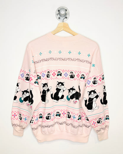 Vintage 1980s Kitten All Over Print Pink Crewneck Sweatshirt