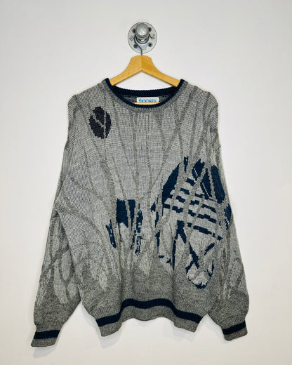Vintage 1980s Jockey Grey And Blue Abstract Print Sweater