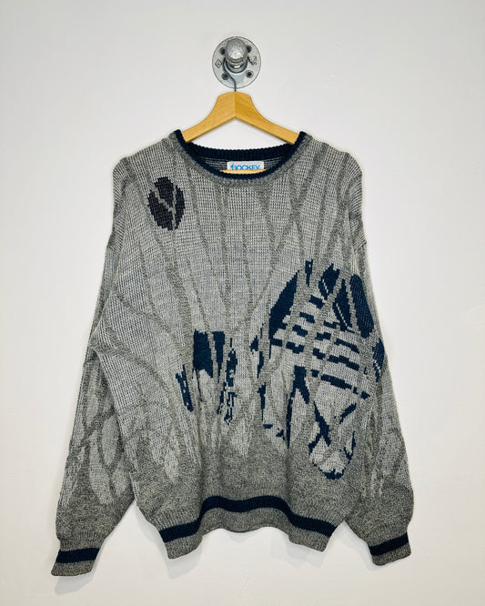 Vintage 1980s Jockey Grey And Blue Abstract Print Sweater