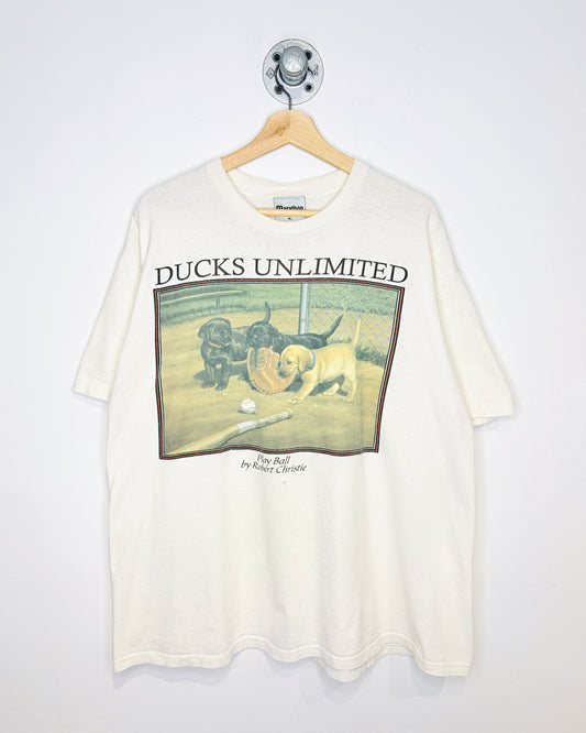 Vintage 90s Ducks Unlimited “Play Ball” Dogs White Tee Shirt