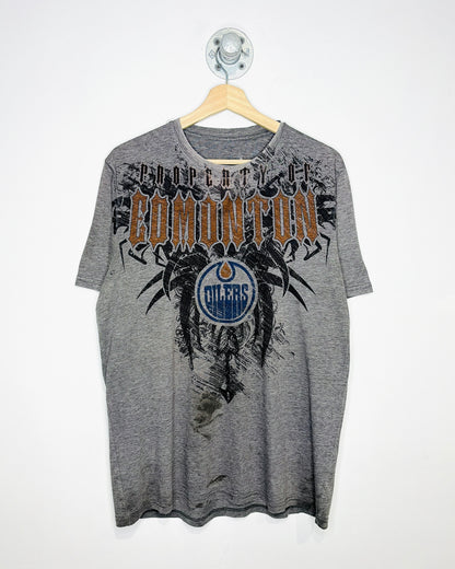Vintage Y2K Edmonton Oilers Affliction Style Grey Tee Shirt