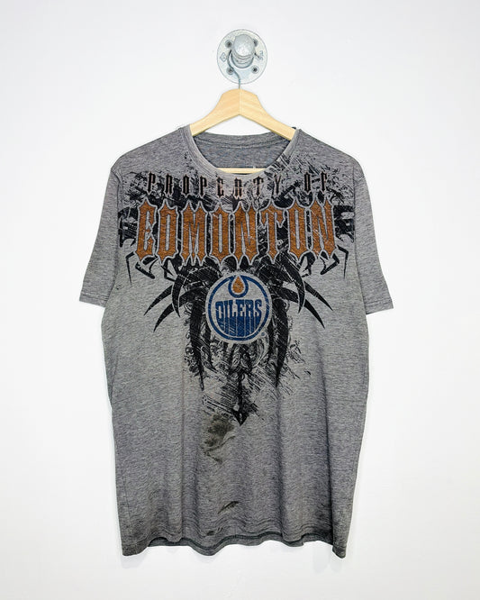 Vintage Y2K Edmonton Oilers Affliction Style Grey Tee Shirt