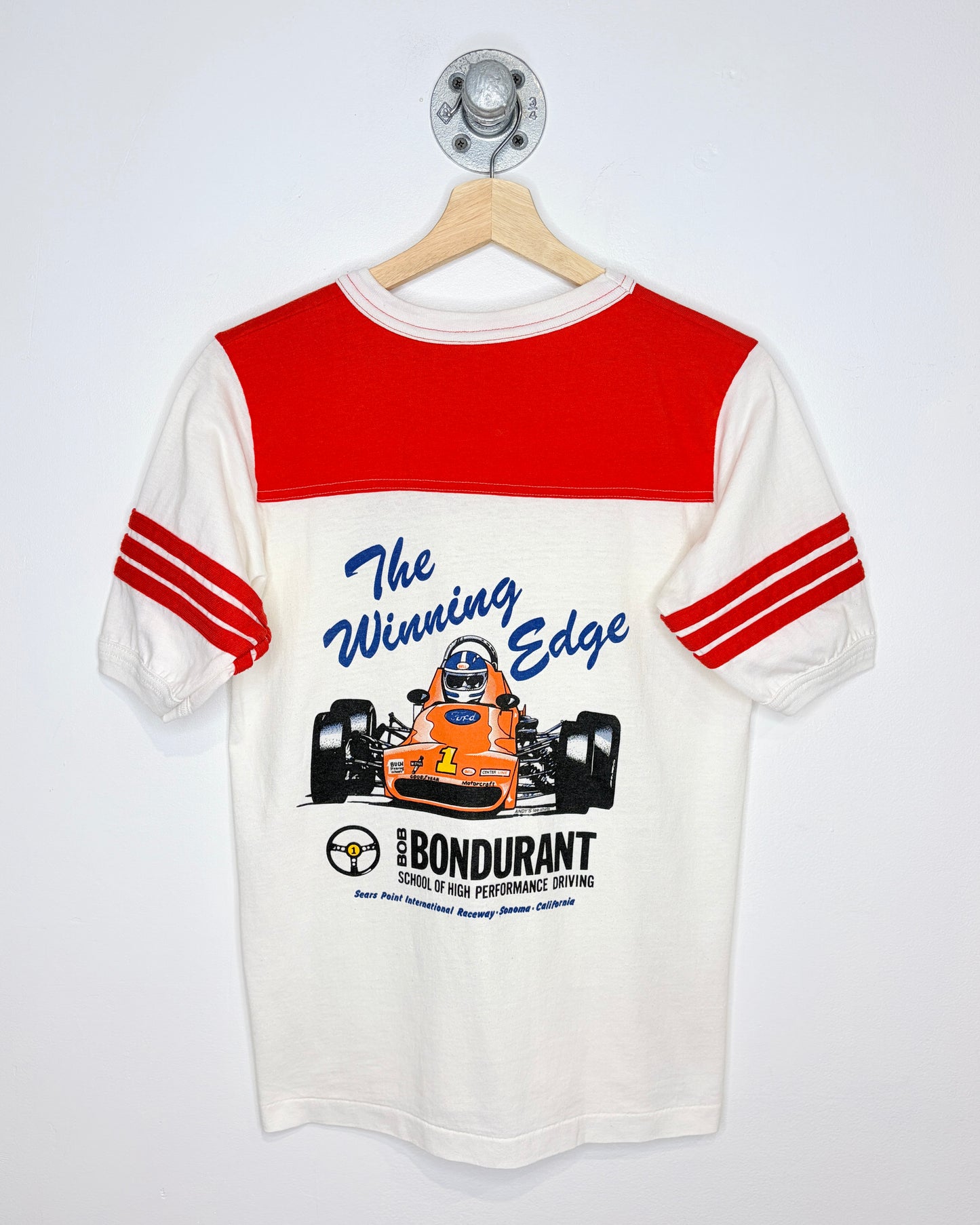 Vintage 80s Bondurant School Of Driving White Ringer Tee Shirt