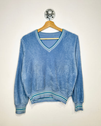 Vintage 90s Terry Cloth Light Blue V-Neck Sweater
