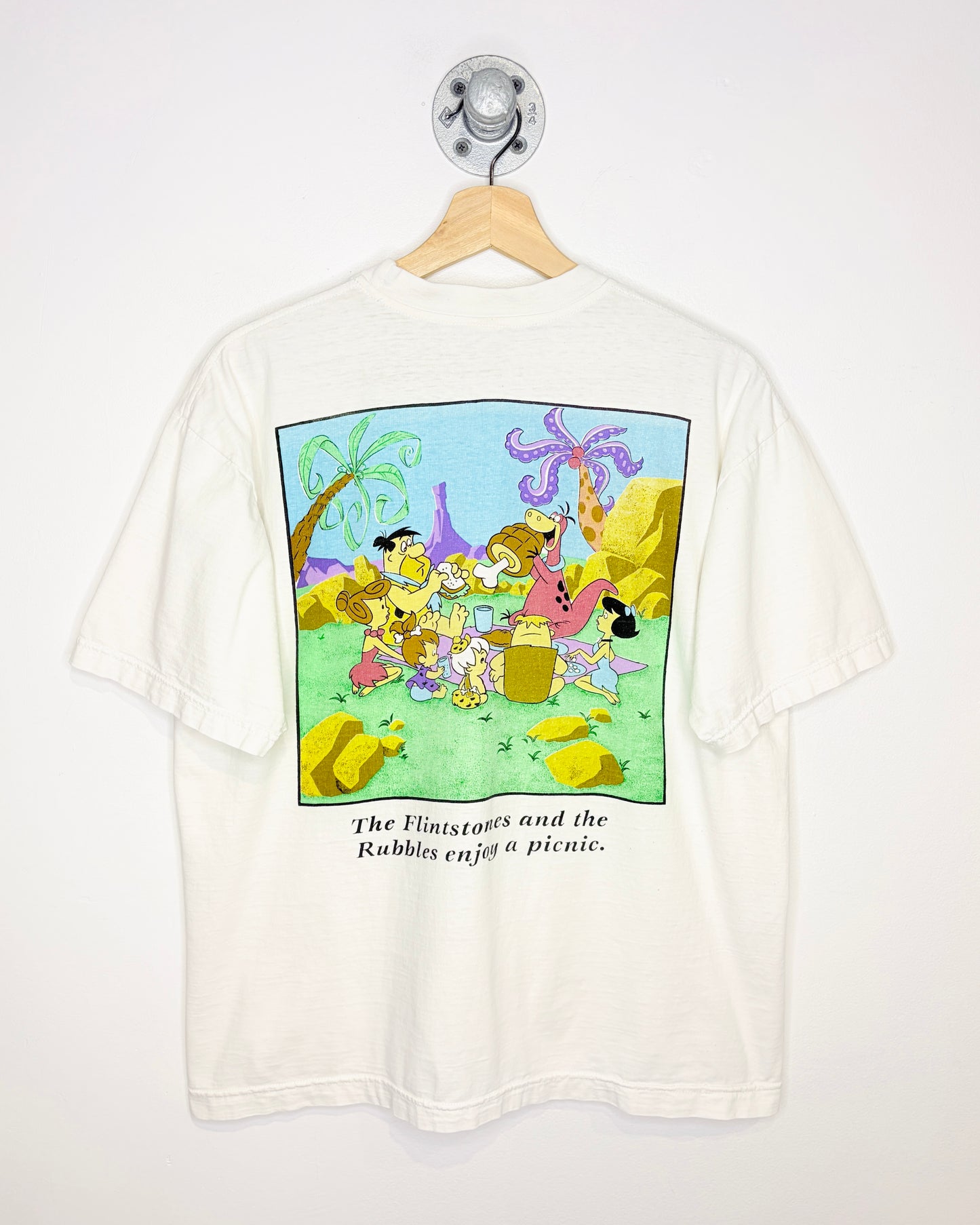 Vintage 90s The Flintstones Take A Ride On Dino White Tee Shirt