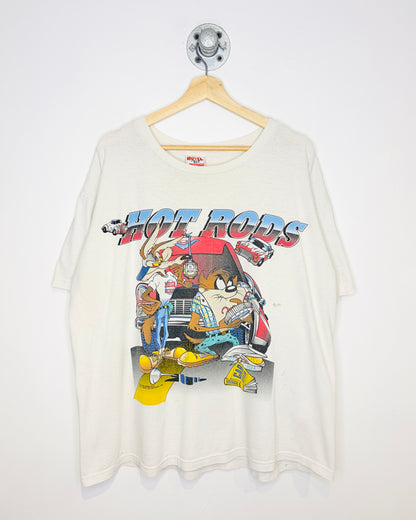 Vintage 1995 Looney Tunes Hot Rods Mechanics Thrashed White Tee Shirt