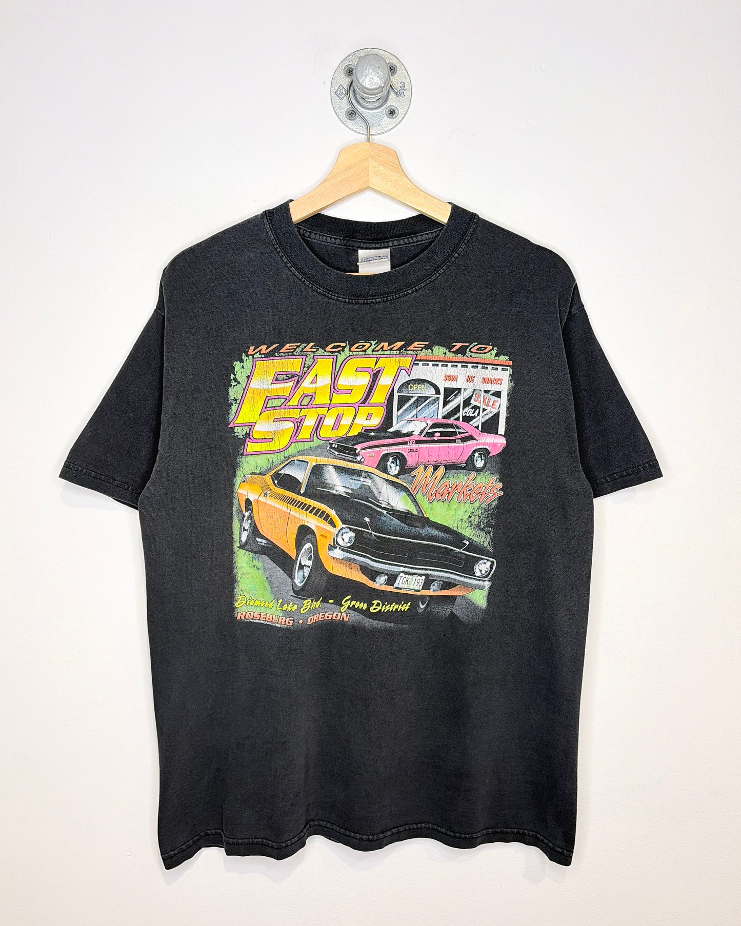 Vintage 2002 Fast Stop Oregon Faded Black Racing Tee Shirt