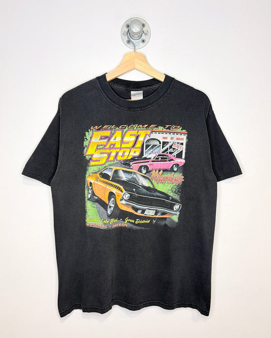 Vintage 2002 Fast Stop Oregon Faded Black Racing Tee Shirt