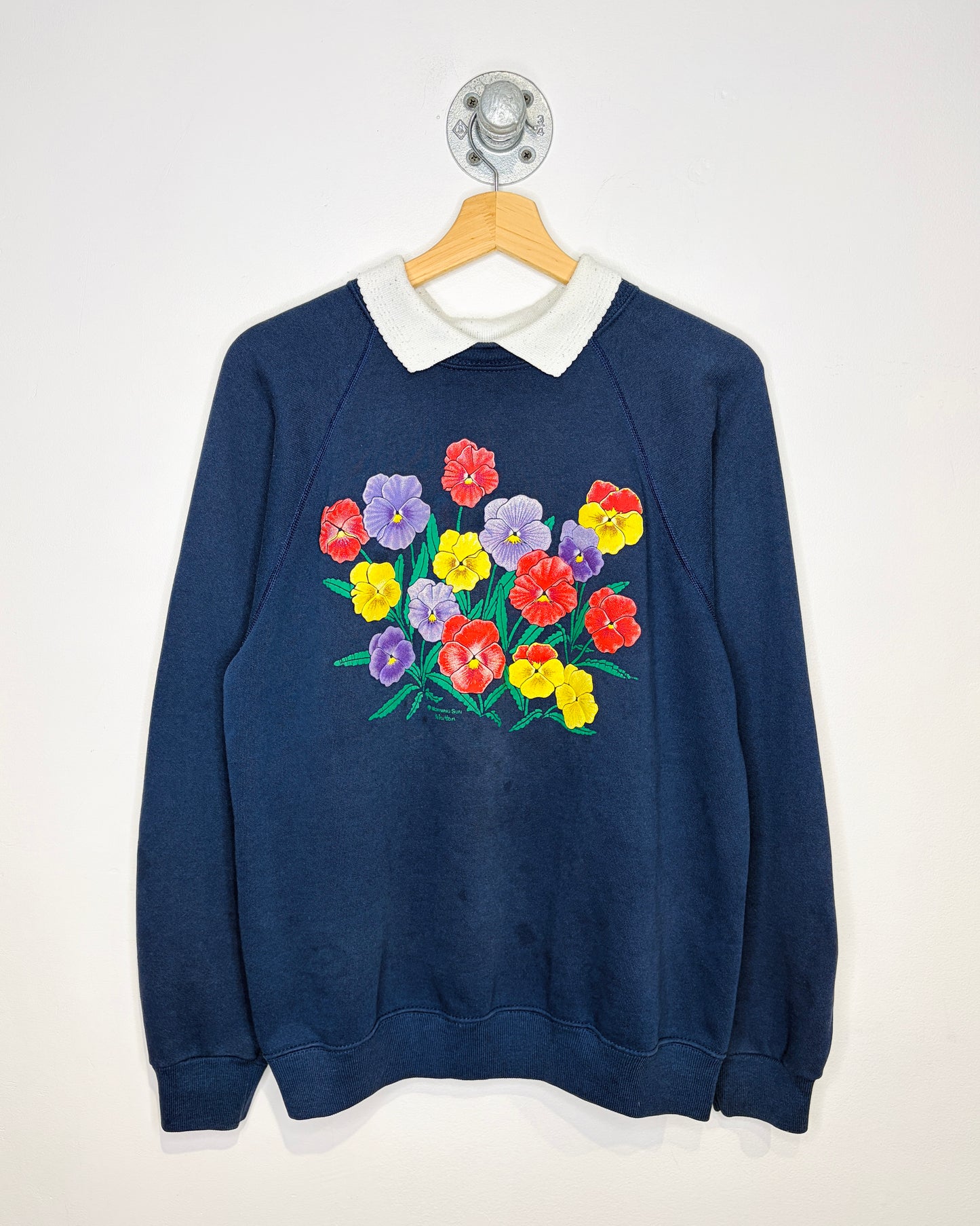 Vintage 90s Morning Sun Flowers Navy Collared Sweatshirt
