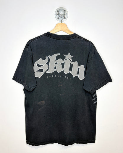 Vintage 2000s Skin Industries Skull Graphic Faded Black Tee Shirt