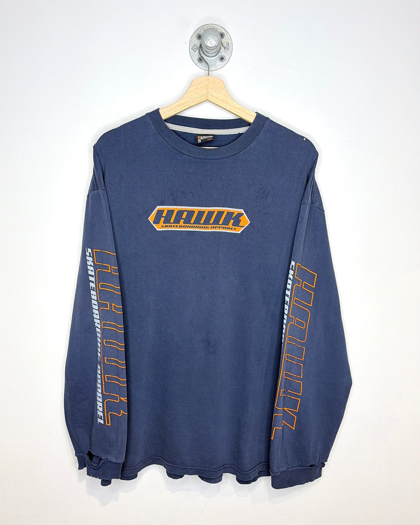 Vintage 90s Hawk Skateboarding Faded & Distressed Navy Longsleeve Shirt