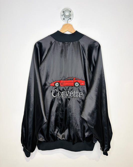 Vintage 90s Corvette Embroidered Black Satin Snap Jacket