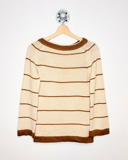 Vintage 1970s Beige And Brown Striped Acrylic Boat Neck Sweater