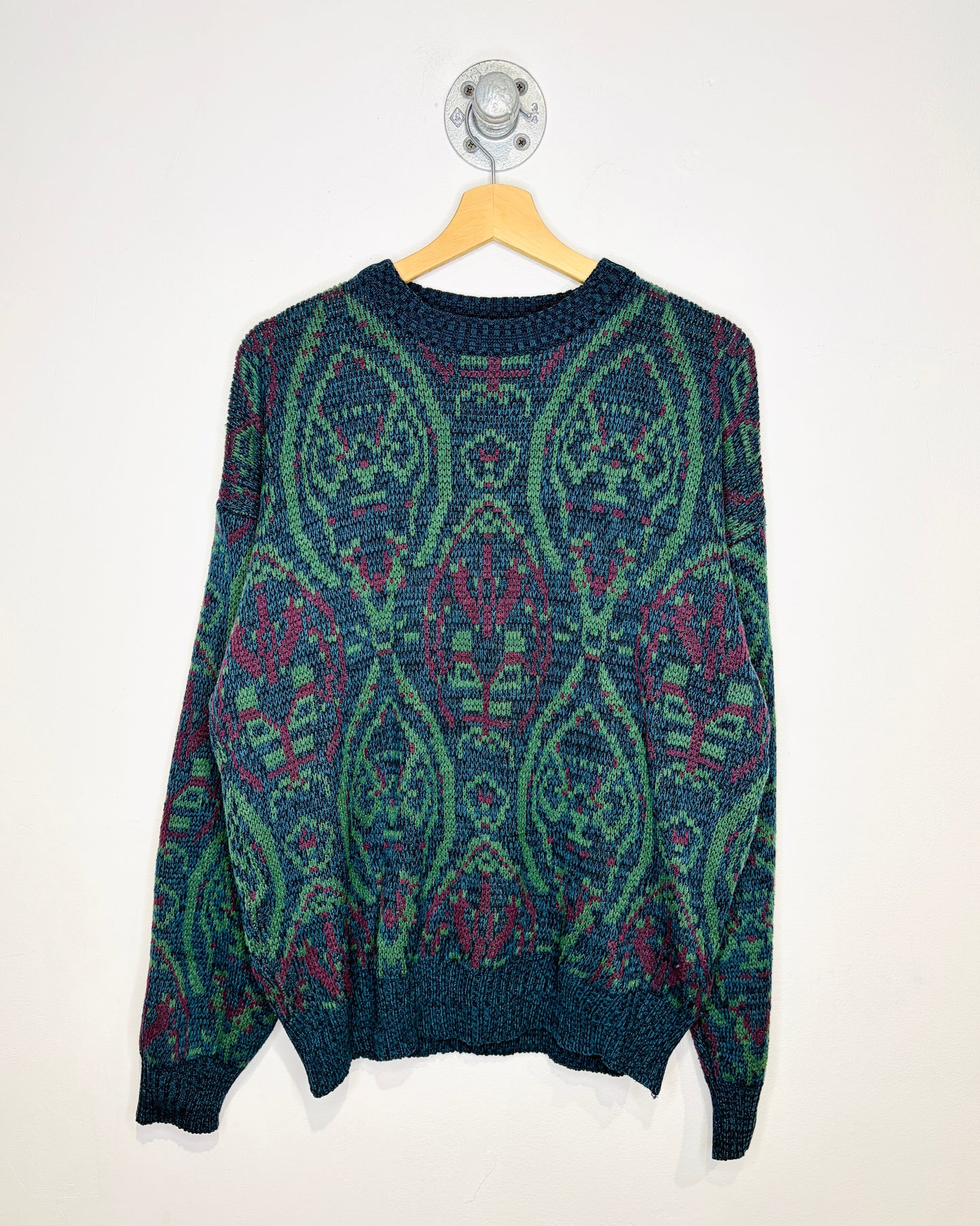 Vintage 1990s Union Pier Green And Burgundy Patterned Acrylic Sweater