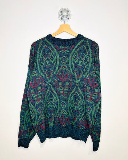 Vintage 1990s Union Pier Green And Burgundy Patterned Acrylic Sweater