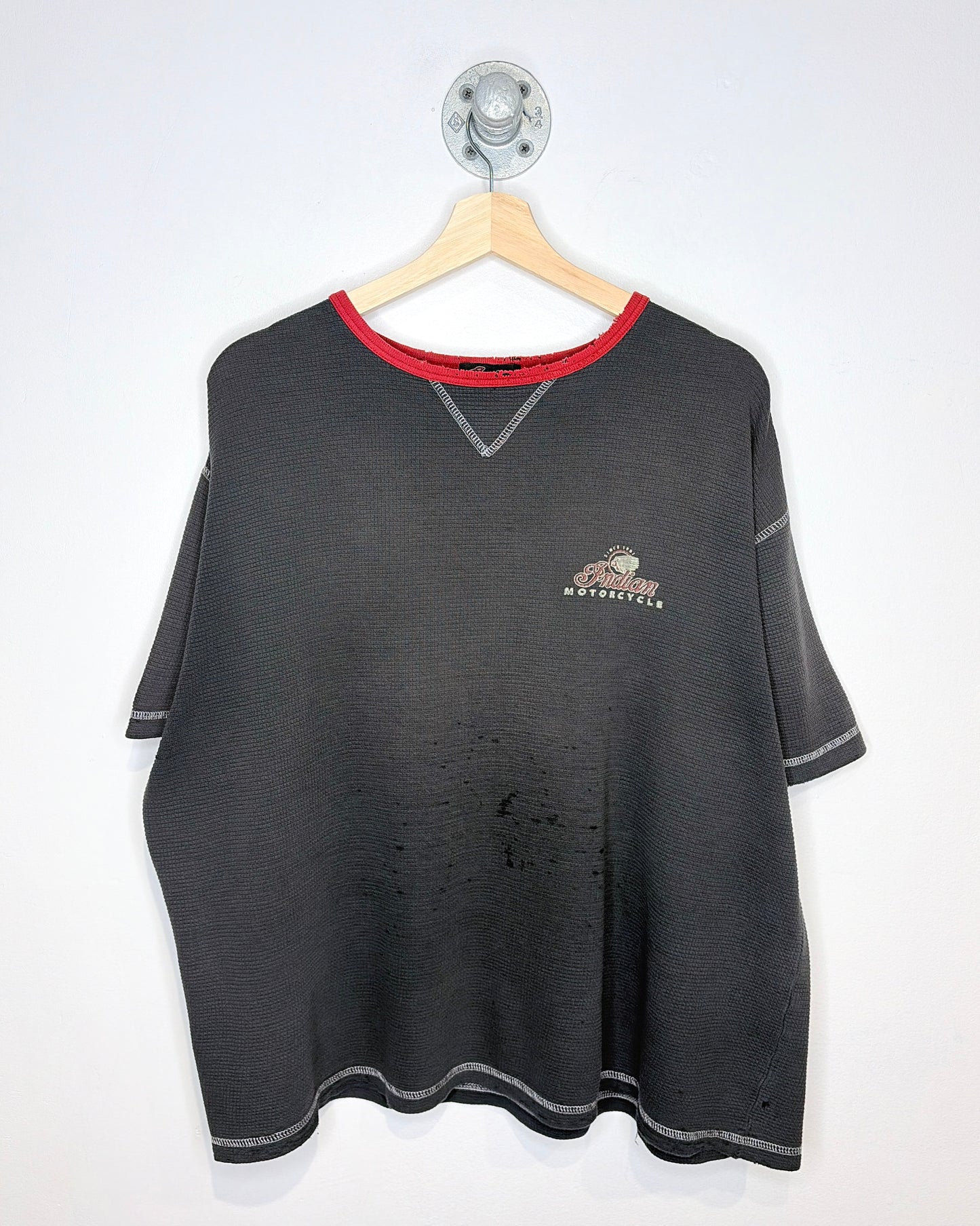 Vintage 90s Boxy Indian Motorcycle Distressed Grey & Red Waffle Tee Shirt