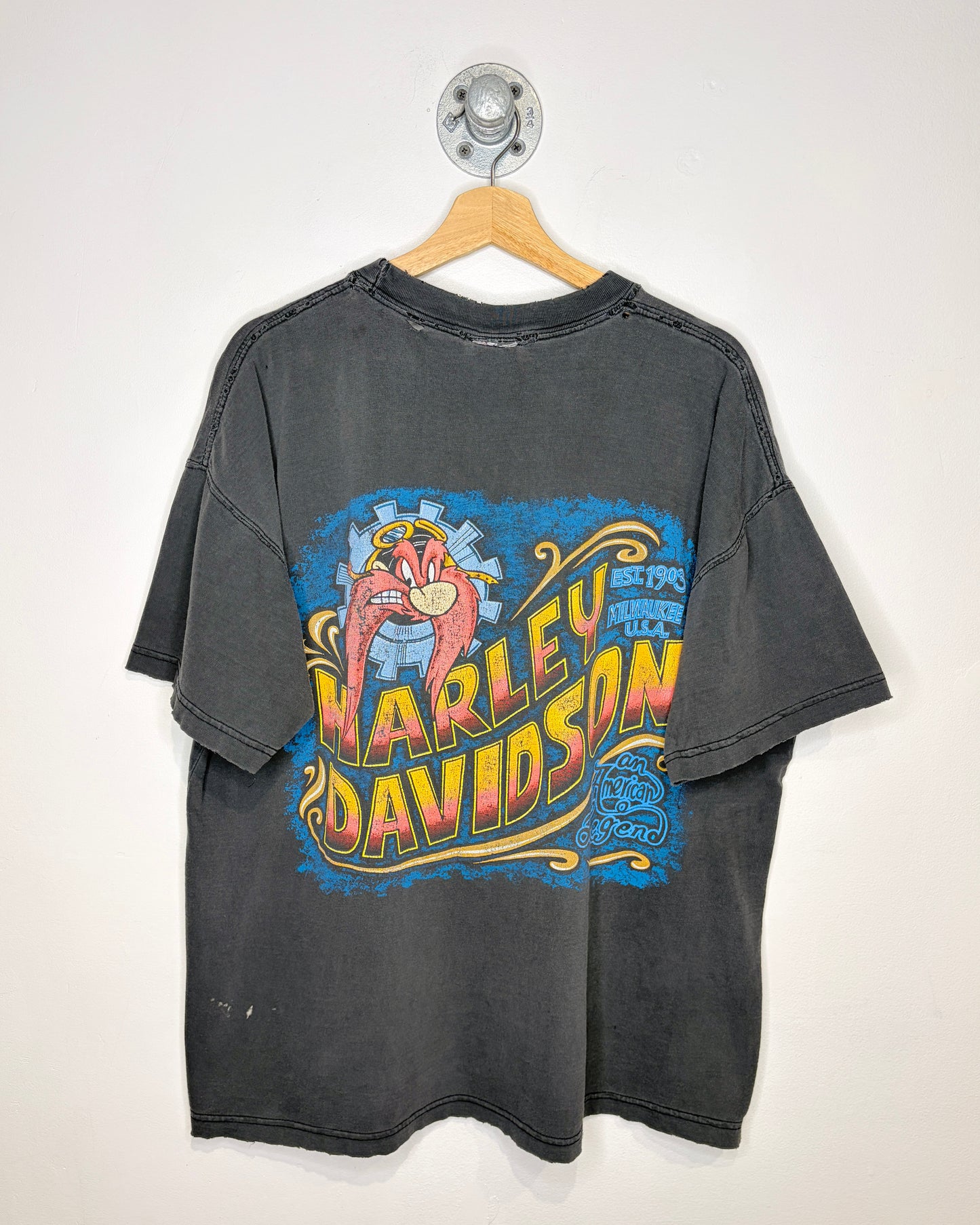 Vintage 90s Harley Davidson Yosemite Sam Distressed & Faded Black Tee Shirt