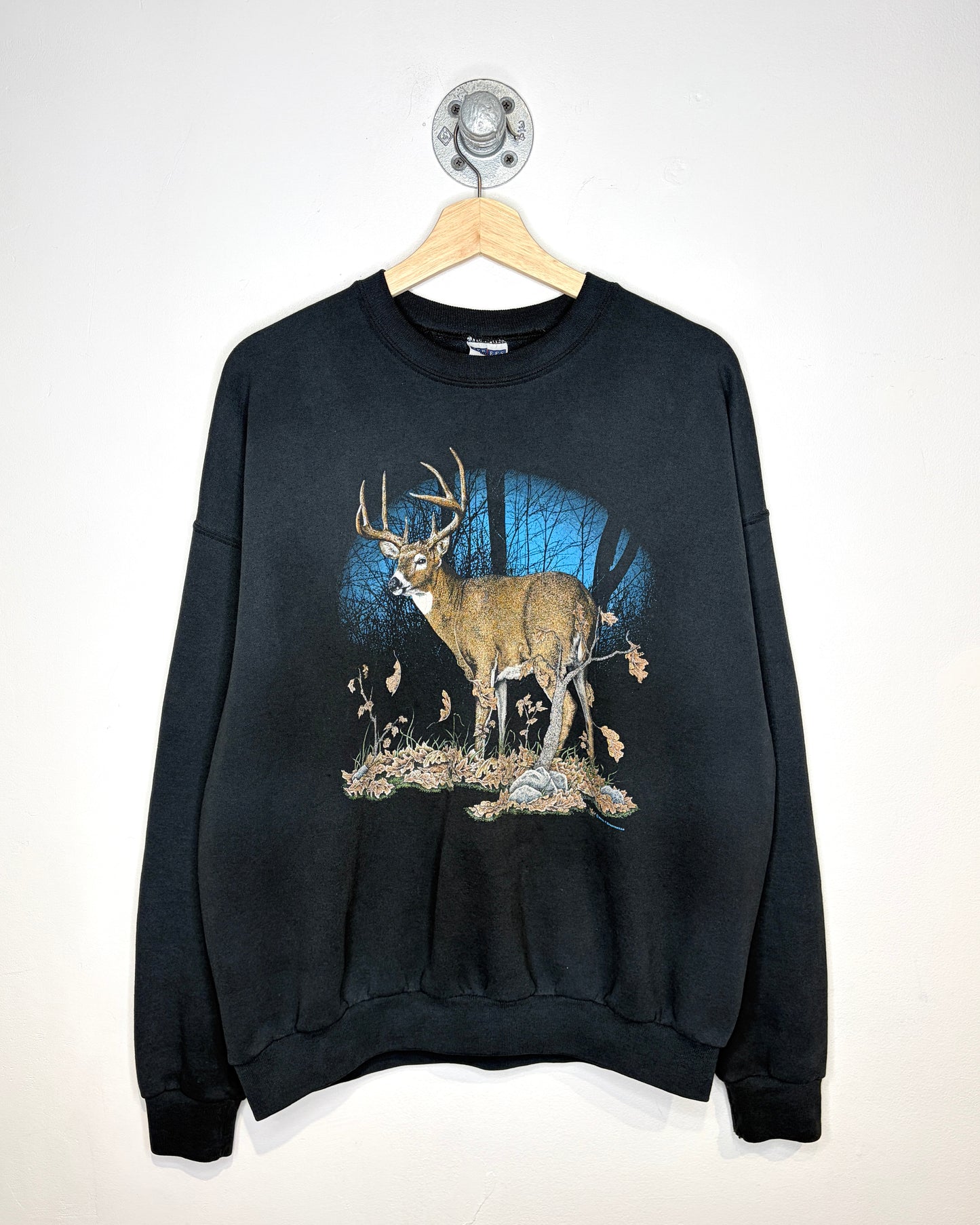2000s Boxy Deer Print Black Crewneck Sweatshirt