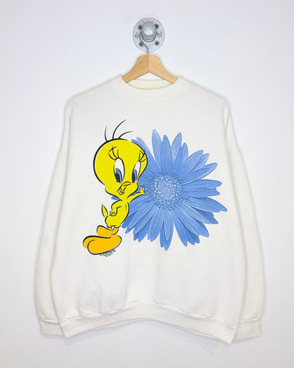 Vintage 1997 Looney Tunes Tweety Bird Sunflower White Crewneck Sweatshirt